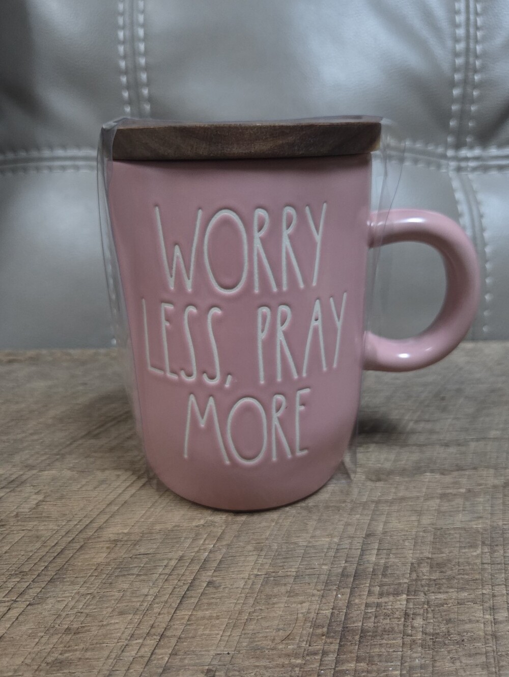 NWT Rae Dunn "Worry Less, Pray More" Pink Ceramic Mug w/ Wooden Lid 18oz New B1P